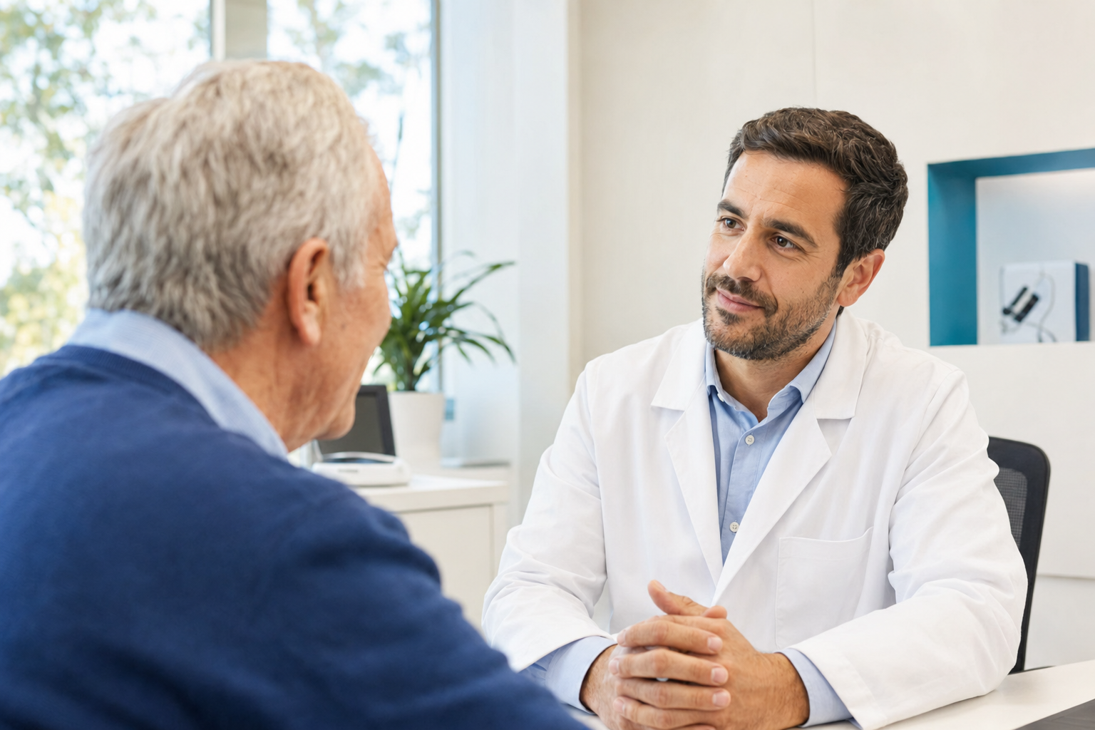 Audioprotesista atendiendo personalmente a un paciente en una consulta auditiva